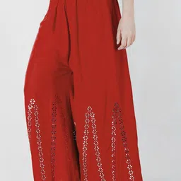 farukhi creation Women Flared Red Cotton Blend Trousers-picture-32