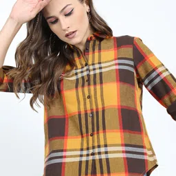 tokyo talkies Women Regular Fit Checkered Cut Away Collar Casual Shirt-picture-16