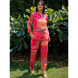 KALINI Ethnic Motifs Printed Shirt Collar High Low Kurta & Trouser-image-89