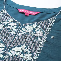 Varanga Women Teal Ethnic Motifs Embroidered Sequinned Kurta with Trousers & With Dupatta image 2