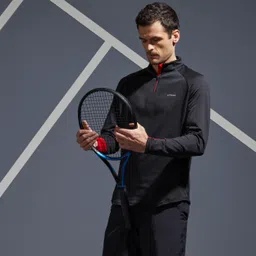 Men Tennis Long-Sleeved Warm 1/2 Zip Top - Black/Red-image-9