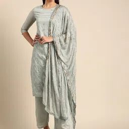 Sangria Women Grey Ethnic Motifs Embroidered Regular Sequinned Chanderi Silk Kurta with Palazzos & With image 1