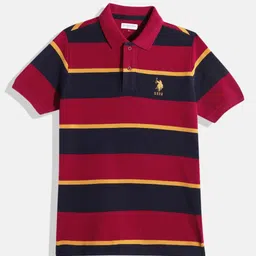 U.S. Polo Assn. Kids Boys Red & Navy Blue Striped Polo Collar Pure Cotton T-shirt image 1