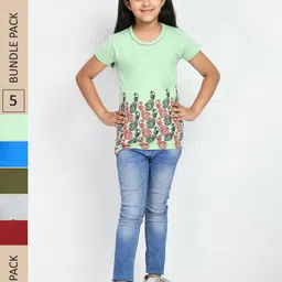 IndiWeaves Girls Pack Of 5 Floral Printed Pure Cotton T-Shirts-picture-52