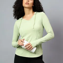 Fitkin Womens Green Self Design Longsleeve Hooded Tshirt-picture-20