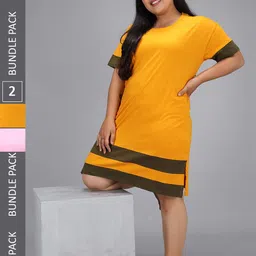 Christy World Pack Of 2 Striped Pure Cotton T-shirt Nightdress-image-3