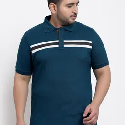 Kalt Men Plus Size Teal Blue & White Striped Polo Collar T-shirt-picture-15