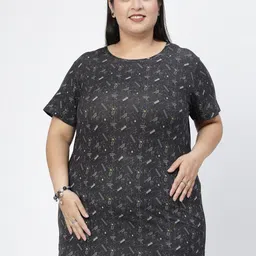 plusS Black Graphic Printed Drop-Shoulder Sleeves Regular Fit Cotton Casual  T-shirt image 1