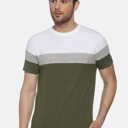 YAK YAK Men Green White Colourblocked Slim Fit Pure Cotton T-shirt-image-63