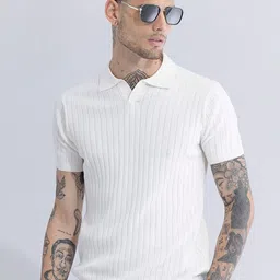 Snitch White Striped Polo Collar Cotton Slim Fit T-shirt-picture-40