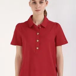 Tommy Hilfiger Women Solid Polo Collar Cotton T-shirt-image-73