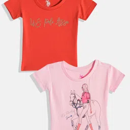 U.S. Polo Assn. Kids Girls Pack Of 2 Assorted Printed Pure Cotton T-shirt image 5