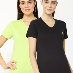 VIMAL JONNEY Pack-2 Women Black & Fluorescent Green V-Neck T-shirt-image-37