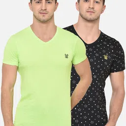 mack jonney VIMAL JONNEY Men Pack Of 2 Green & Black Solid V-Neck T-shirt-picture-28