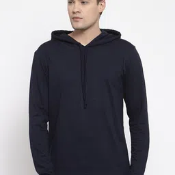 Friskers Men Navy Blue Solid Cotton Long Sleeves Hooded T-shirt-image-21