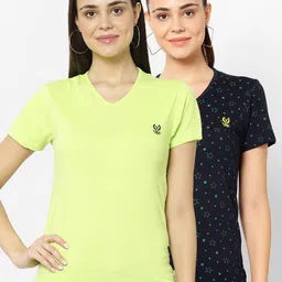 VIMAL JONNEY Pack-2 Women Fluorescent Green & Black V-Neck T-shirt-image-70