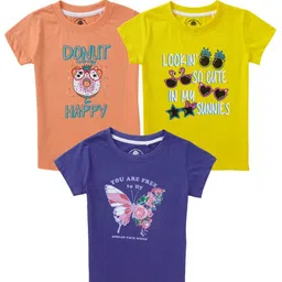 Cub McPaws Girls Pack of 3 Blue & Yellow Printed Cotton T-shirts-picture-23