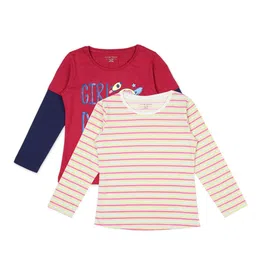 PLUM TREE Girls Pack of 2 Magenta  Off White Striped Cotton Pure Cotton T-shirt-picture-29