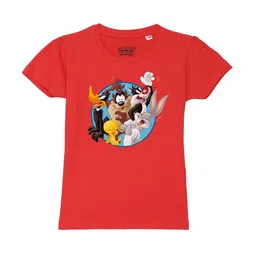 Looney Tunes by Wear Your Mind Girls Red Printed Pure Cotton Puff Sleeves T-shirt-image-63