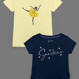 HELLCAT Girls Pack of 2 Yellow & Navy Blue Printed Bio Finish T-shirt-picture-47