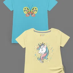 HELLCAT Girls Pack of 2 Blue & Yellow Printed Bio Finish T-shirt-picture-23