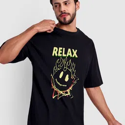 Bloopers Store Men Black Typography Printed Applique Loose T-shirt-picture-25