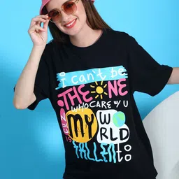 DOOR74 Typography Print Drop Shoulder Sleeves Cotton Oversized Longline T-shirt image 2