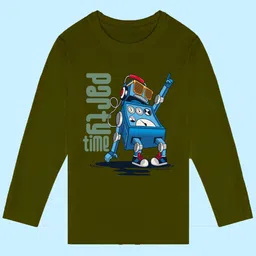 NUSYL Boys Olive Green Printed Applique T-shirt image 3