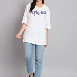 Imsa Moda Typography Printed Drop-Shoulder Sleeves Cotton Oversized T-shirt image 3