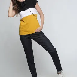 Trends Tower Women Mustard Yellow & White Colourblocked Pure Cotton T-shirt image 5