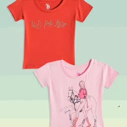 U.S. Polo Assn. Kids Girls Pack Of 2 Assorted Printed Pure Cotton T-shirt-picture-37