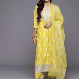 Libas Women Floral Yoke Design High Slit Pure Cotton Kurta with Palazzos & With Dupatta image 3