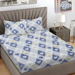 FABINALIV Grey & Blue Cartoon Printed 300 TC King Bedsheet with 2 Pillow Covers image 5