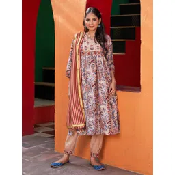 Biba Ethnic Motifs Printed Chanderi Cotton Kurta & Salwar with Dupatta image 1