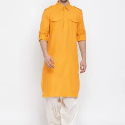 VASTRAMAY Men Mustard Yellow & Cream-Coloured Solid Kurta with Pyjamas image 1