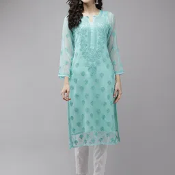ADA Women Sea Green Embroidered Regular Chikankari Handloom Kurta with Trousers image 1