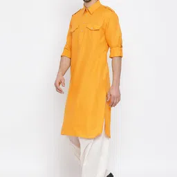 VASTRAMAY Men Mustard Yellow & Cream-Coloured Solid Kurta with Pyjamas image 4