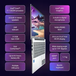 Acer Aspire Lite, 13th Gen, Intel Core i7-13620H Processor, 16 GB RAM, 512GB SSD, Full HD IPS, 15.6"/39.62 cm, Windows 11 Home, MSO, Pure Silver, 1.70 kg, AL15-52H, Backlit keyboard, Thin and Light Laptop image 2