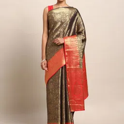 Mitera Gold-Toned & Orange Art Silk Woven Design Kanjeevaram Saree-picture-14