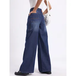 glitchez Women Strap Detail Asymmetric Closure Wide Leg Jeans-image-92