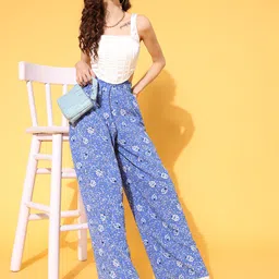 Berrylush Women Elegant Blue Floral Roman Column Trousers-image-61