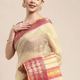 Leeza Store Cream-Coloured & Pink Woven Design Taant Saree-image-48