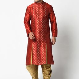 DEYANN Men Red & Gold-Toned Printed Kurta with Dhoti Pants-picture-13