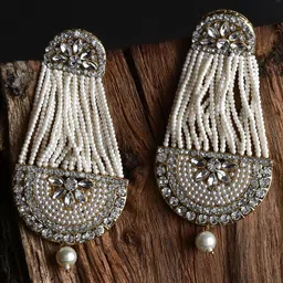 ANIKAS CREATION White & Gold-Plated Handcrafted Kundan Pearl Studded Multistrand Earrings-picture-19