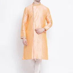 here&now x sanwara Sanwara Men Peach-Coloured & White Printed Pure Silk Kurta with Churidar-picture-11
