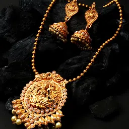 ANIKAS CREATION Women Gold-Plated Goddess Laxmi White Stone-Studded Temple Jewellery Set-picture-43