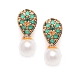 Zaveri Pearls Green & Off-White Gold-Plated CZ-Studded Beaded Teardrop-Shaped Studs-picture-22