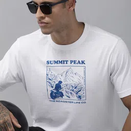 Roadster Men White & Blue Printed Pure Cotton T-shirt-picture-11