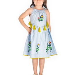 Cherry Crumble Girls Blue Self Design A-Line Dress-picture-42