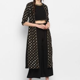 Janasya Women Black & Gold-Coloured Printed Top with Palazzos & Ethnic Jacket-picture-20